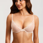 DOBREVA Mesh Sheer Demi Underwire Unlined Balconette Bra With Lace Trim Beige