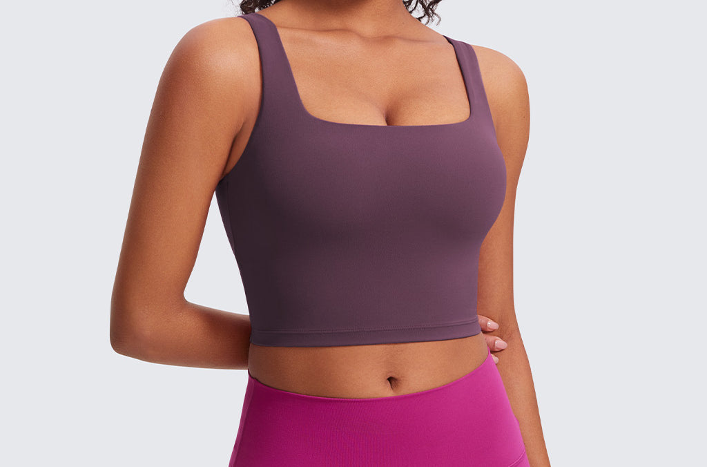 CRZ YOGA Women's Square Neck Longline Sports Bra Hot Fudge Brown