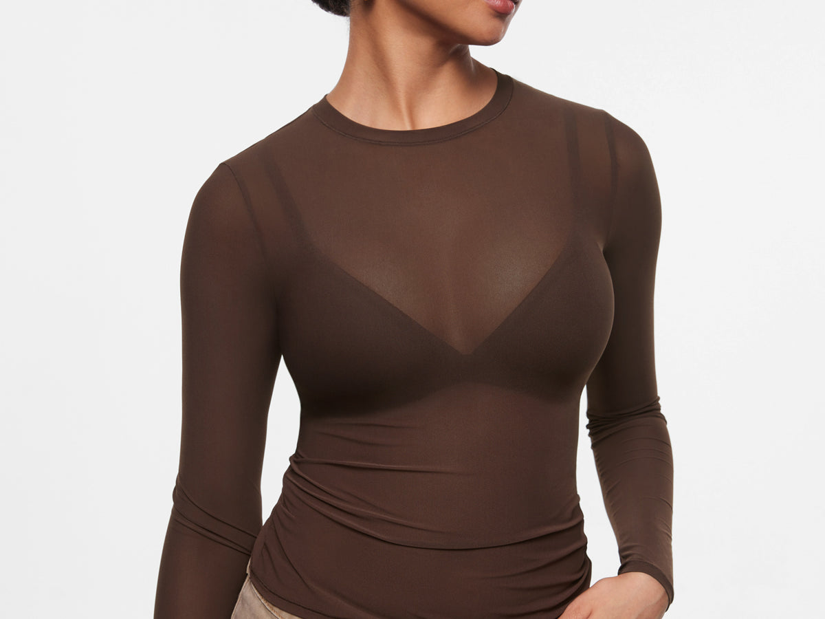 INLYRIC Women's Cosnufy® Mesh Sheer Long Sleeve Top Hazelnut