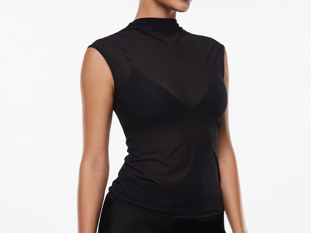 INLYRIC Cosnufy® Sheer Mesh Mock Neck Tank Top Black