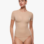 Women's Single Layer Basic Short Sleeve Top - Crew Neck Wheat Beige