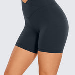 CRZ YOGA Women's High Rise Butterluxe V Cross Waist Biker Shorts 5'' Black